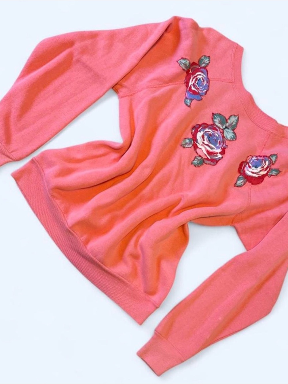 Embroidered Rose Off-the-Shoulder Sweater in Coral Pink